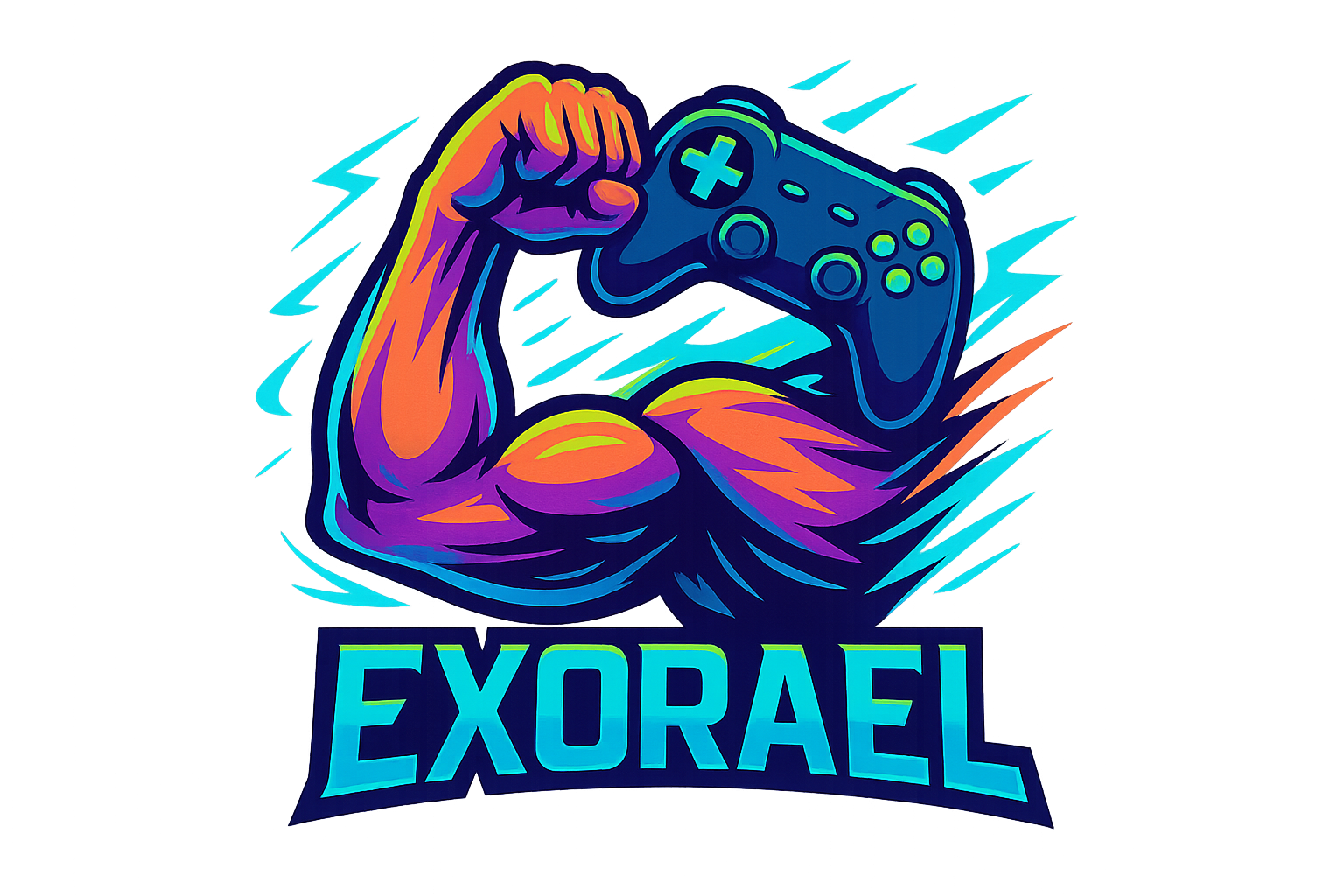 Make a colorful logo for the brand Exorael with an animated strong arm holding a gaming controller